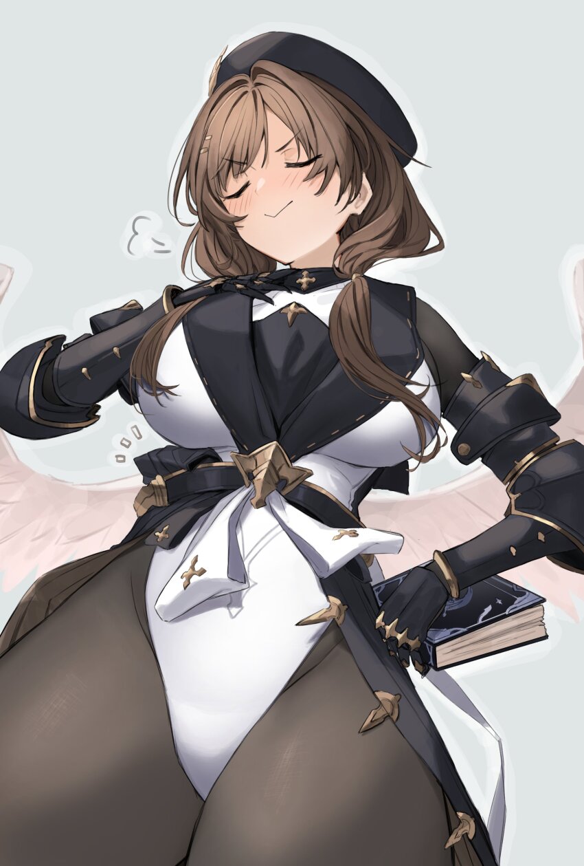 1girl absurdres beret black_bodysuit black_gloves blush bodysuit book breasts brown_hair closed_mouth commentary_request feathered_wings ganesagi gloves granblue_fantasy grey_background hat highres holding holding_book large_breasts leotard long_hair low_ponytail parted_bangs ponytail raziel_(granblue_fantasy) simple_background smile smug solo thick_thighs thighs v-shaped_eyebrows white_leotard white_wings wide_hips wings