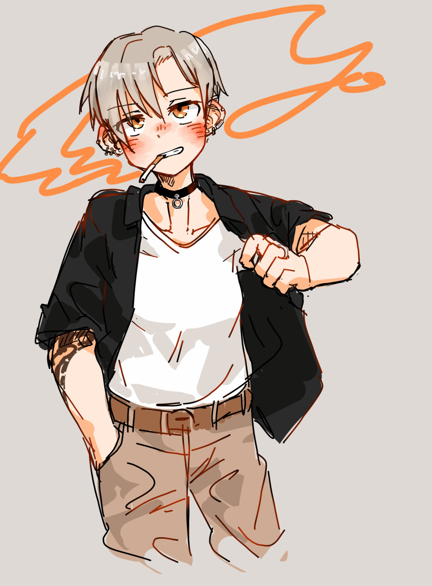 1girl absurdres belt black_choker black_shirt blush brown_belt brown_pants choker cigarette commentary cropped_legs ear_piercing grey_background grey_hair grin hand_in_pocket highres kaju_4 miura_you_(kaju_4) mouth_hold open_clothes open_shirt orange_eyes original pants parted_bangs piercing shirt shirt_tucked_in short_hair short_sleeves simple_background smile smoking solo tattoo tomboy white_shirt