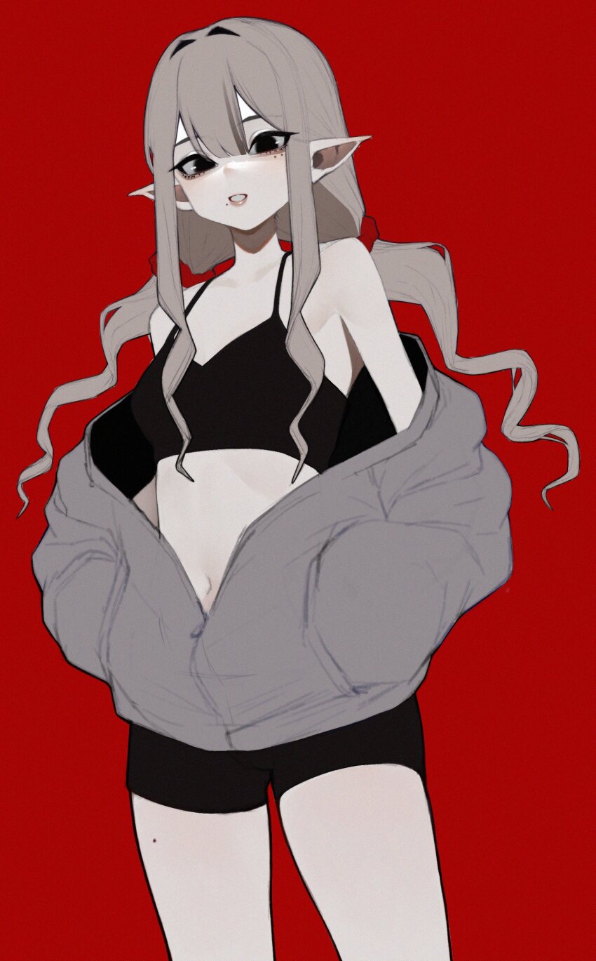 1girl absurdres anemoneeanemone bare_legs bare_shoulders black_bra black_eyes black_shorts borrowed_character bra collarbone cowboy_shot double-parted_bangs grey_hair hair_between_eyes hair_intakes hair_ornament hair_scrunchie hands_in_pockets highres jacket long_hair looking_at_viewer low_twintails mavie_(justadrian) mole mole_on_thigh mole_under_eye mole_under_mouth navel off_shoulder open_clothes open_jacket original parted_lips partially_unzipped pointy_ears red_background red_scrunchie scrunchie short_shorts shorts sidelocks simple_background solo twintails underwear