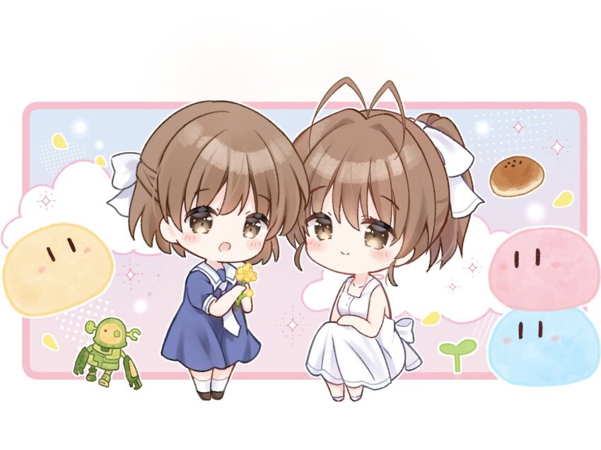 2girls anpan antenna_hair blue_dress chibi clannad dango_daikazoku dress flower food furukawa_nagisa garbage_doll half_updo mother_and_daughter multiple_girls neckerchief okazaki_ushio ponytail robot sailor_dress sakura_aki school_uniform serafuku short_hair sitting sleeveless sleeveless_dress standing white_dress white_neckerchief