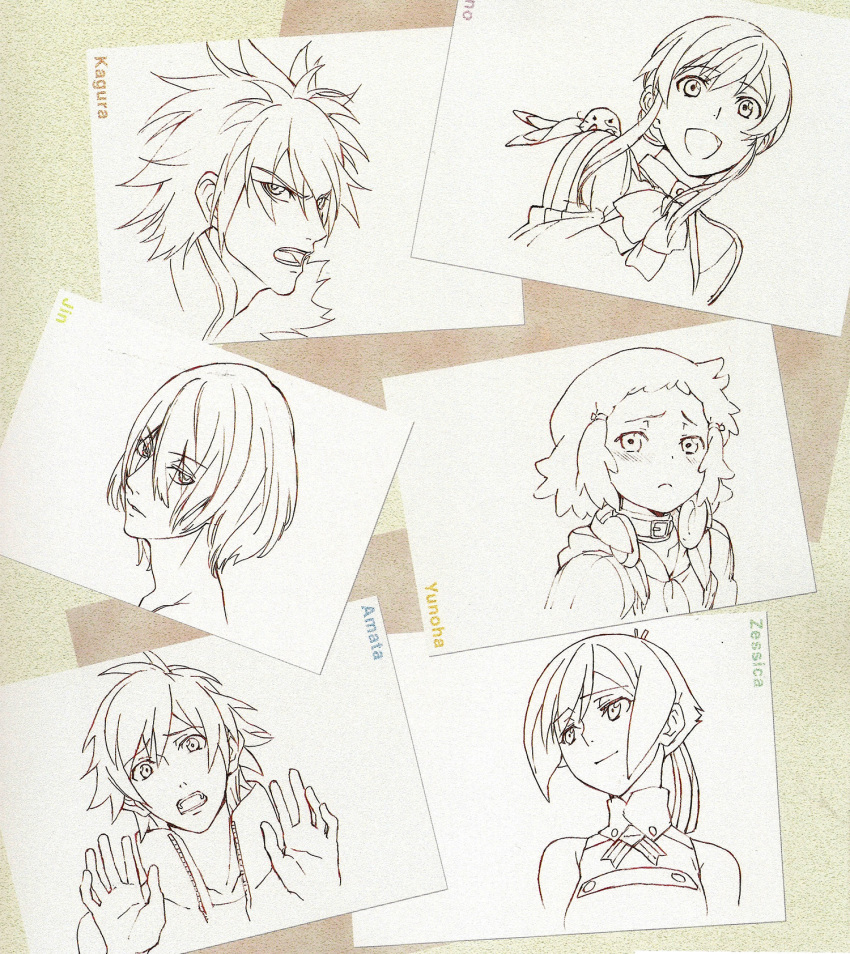 10s 3boys 3girls amata_sora aquarion_(series) aquarion_evol highres jin_musou kagura_demuri mikono_suzushiro monochrome multiple_boys multiple_girls official_art simple_background yunoha_thrul zessica_wong