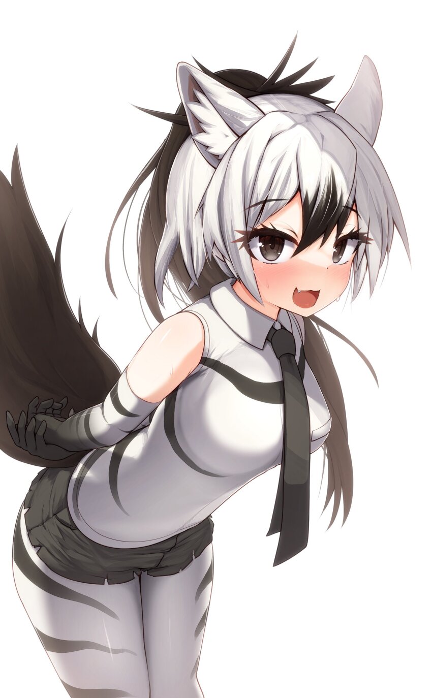 1girl :3 aardwolf_(kemono_friends) absurdres animal_print arms_behind_back bare_shoulders black_gloves black_hair black_necktie black_shirt black_shorts black_thighhighs blush brown_eyes collared_shirt cowboy_shot elbow_gloves fang gloves hair_between_eyes highres hyena_ears hyena_girl hyena_tail karekusa_meronu kemono_friends looking_at_viewer multicolored_hair necktie open_mouth pantyhose pantyhose_under_shorts ponytail print_gloves print_shirt print_thighhighs shirt short_hair short_shorts shorts sidelocks sleeveless smile solo sweatdrop thighhighs two-tone_gloves two-tone_hair two-tone_shirt two-tone_thighhighs white_gloves white_hair white_shirt white_thighhighs