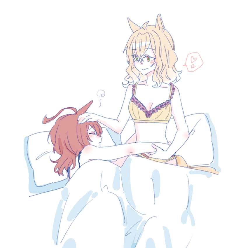 2girls absurdres agnes_tachyon_(umamusume) animal_ears bare_arms bare_shoulders bow bow_bra bra breasts brown_bra brown_hair brown_panties cleavage collarbone hair_between_eyes hand_on_another&#039;s_head heart highres horse_ears horse_girl horse_tail jungle_pocket_(umamusume) multiple_girls orange_eyes panties pillow seila_rei simple_background small_breasts smile spoken_heart tail umamusume under_covers underwear underwear_only white_background