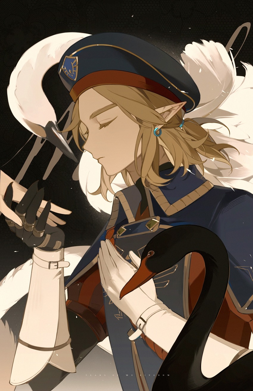 1boy absurdres animal bird black_hat black_swan_(bird) brown_hair closed_eyes closed_mouth earrings expressionless eyelashes gloves hand_grab hat highres jewelry lamblab0824 link male_focus medium_hair multiple_rings nintendo pointy_ears princess_zelda ring scar scar_on_ear short_sleeves single_glove solo_focus swan the_legend_of_zelda the_legend_of_zelda:_tears_of_the_kingdom upper_body white_gloves