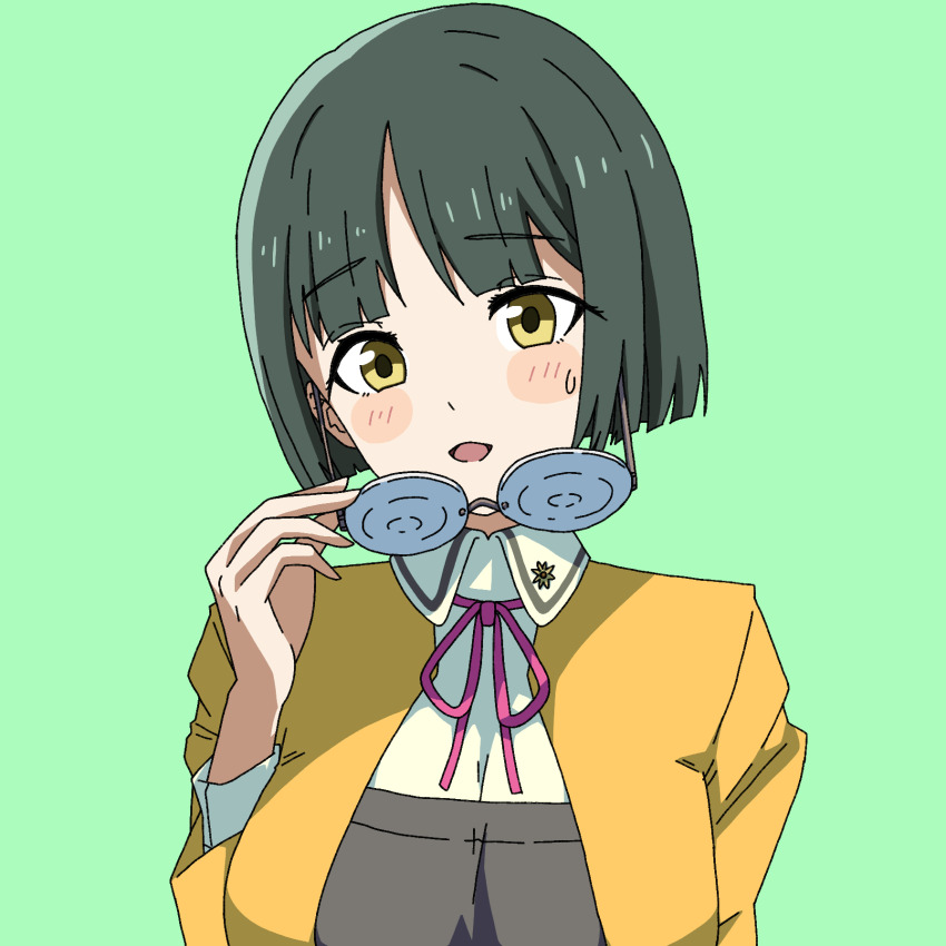 1girl :o blunt_bangs blunt_ends blush bob_cut brown_dress coke-bottle_glasses collared_shirt commentary_request dress glasses green_background green_hair hand_up head_tilt highres holding holding_removed_eyewear jacket kamix2_odai long_sleeves looking_at_viewer love_live! love_live!_school_idol_festival pink_ribbon ribbon round_eyewear school_uniform shirt shitara_fumi short_hair simple_background small_sweatdrop solo touou_academy_school_uniform unworn_eyewear upper_body white_shirt yellow_eyes yellow_jacket