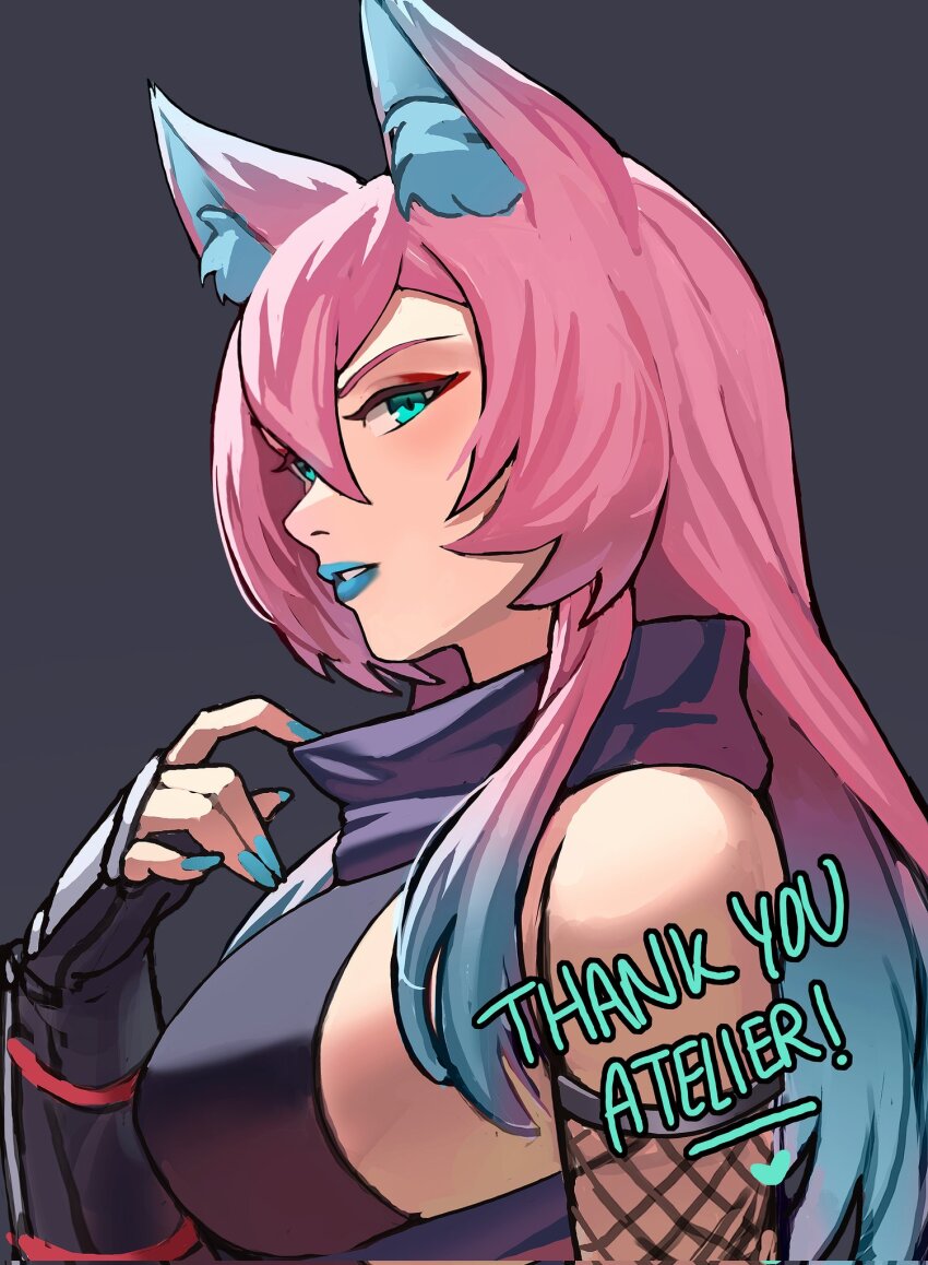 1girl animal_ears aqua_hair artist_request bare_shoulders blue_eyes blue_hair blue_nails blush breasts colored_inner_animal_ears commissioner_name english_text fishnet_armwear fox_ears fox_girl glaring grey_background heart high_collar highres long_eyelashes long_hair looking_at_viewer looking_to_the_side multicolored_hair nail_polish ninja original pale_skin red_rope revealing_clothes rope saya_(atelier951) sideboob solo thank_you two-tone_hair vambraces