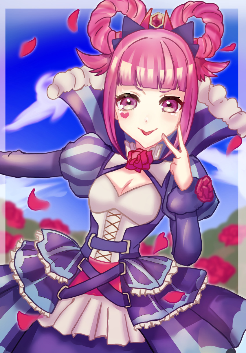1girl absurdres cross-laced_clothes cross-laced_dress dress facial_mark falling_petals fire_emblem fire_emblem_engage folded_twintails fur_wrist_cuffs hair_flaps hair_rings heart heart_facial_mark highres hortensia_(fire_emblem) multicolored_tiara nintendo petals striped_clothes striped_dress vertical-striped_clothes vertical-striped_dress wrist_cuffs x_tastas