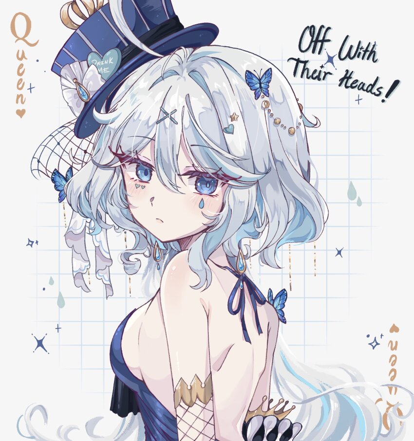 1girl alice&#039;s_adventures_in_wonderland backless_dress backless_outfit bare_shoulders blue_dress blue_eyes blue_hair blue_hat blush breasts butterfly_hair_ornament closed_mouth dress furina_(genshin_impact) genshin_impact hair_ornament hat heart heart_hair_ornament highres long_hair looking_at_viewer medium_breasts multicolored_hair queen_(playing_card) queen_of_hearts_(playing_card) sideboob solo strapless strapless_dress streaked_hair top_hat upper_body vanillashiii very_long_hair white_hair