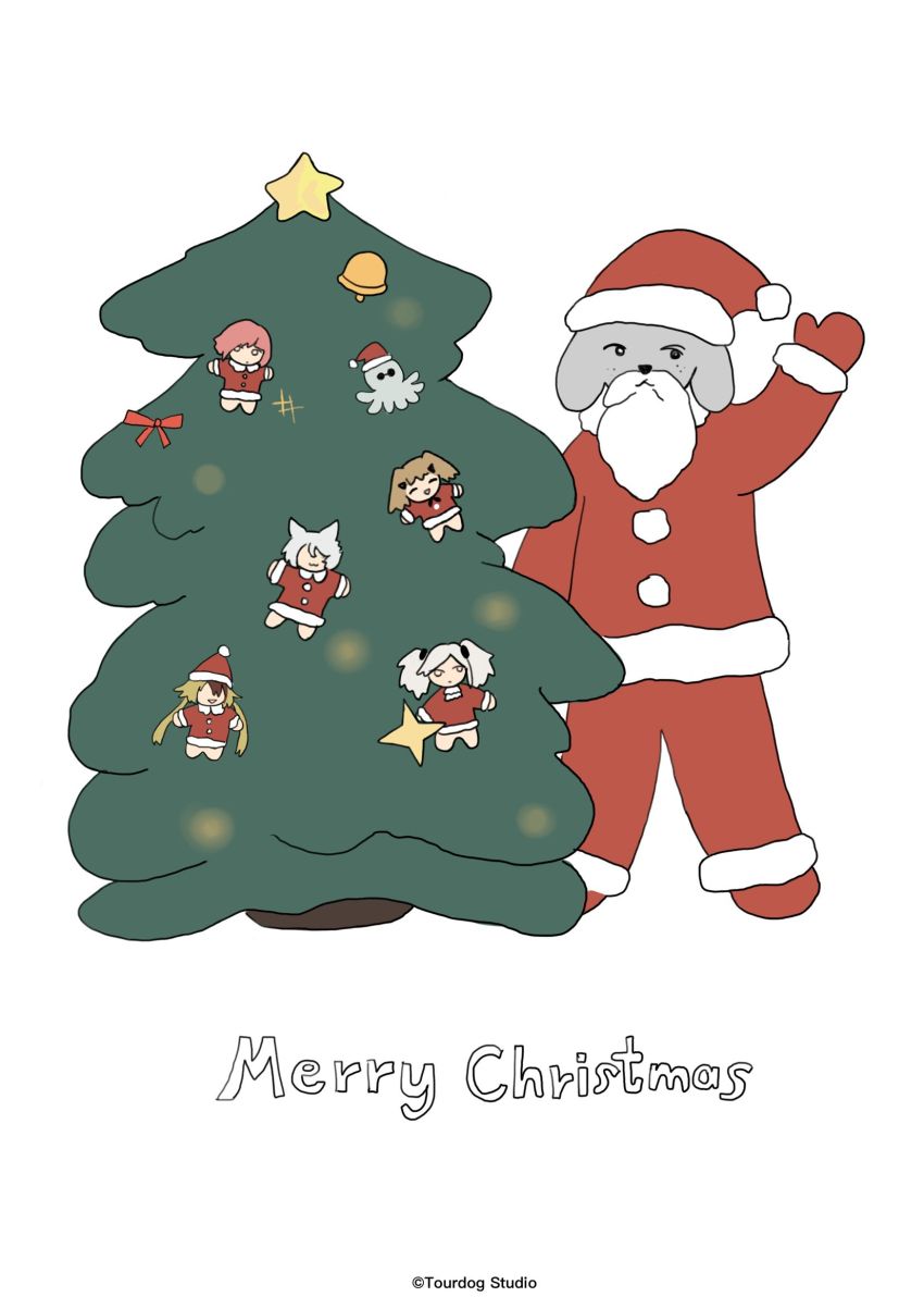 1boy 5girls alchemy_stars beard bell bow carleen_(alchemy_stars) christmas christmas_tree facial_hair gronru_(alchemy_stars) hat highres hiiro_(alchemy_stars) kleken_(alchemy_stars) merry_christmas multiple_girls octopus official_art philyshy_(alchemy_stars) santa_costume santa_hat star_(symbol) vice_(alchemy_stars) white_hair