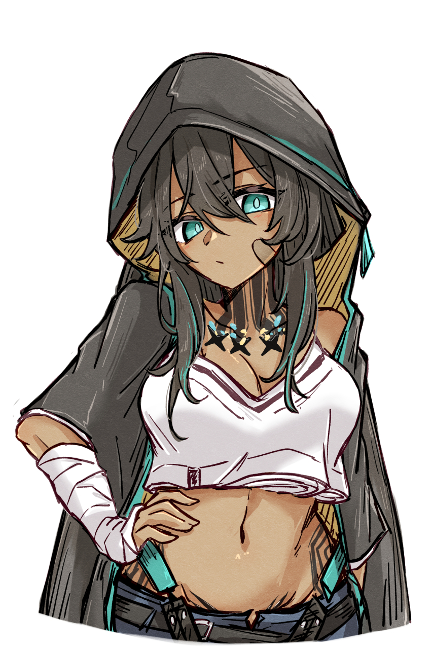 1girl absurdres arknights bandaged_arm bandages bandaid bandaid_on_face black_hair blue_eyes breasts cleavage commentary_request crop_top dark-skinned_female dark_skin flint_(arknights) hair_between_eyes highres hood hood_up jacket long_hair looking_at_viewer maiq06 medium_breasts midriff navel neck_tattoo shirt simple_background solo tattoo white_background white_shirt wrist_wrap