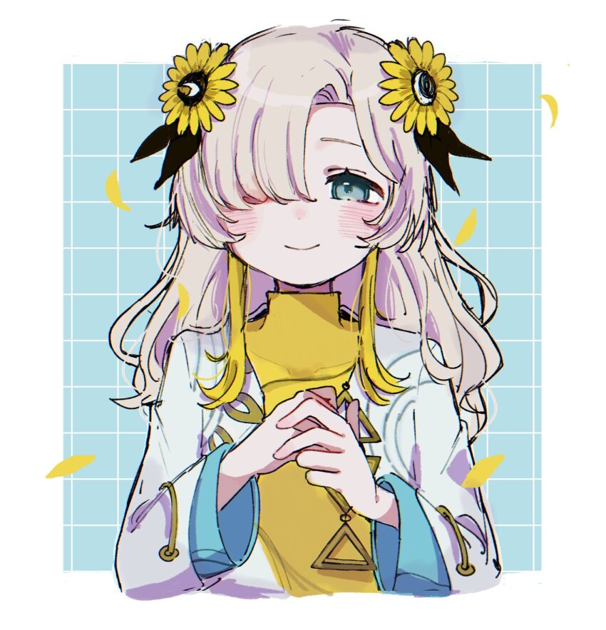 1girl blue_eyes blush dress flower hair_flower hair_ornament hair_over_one_eye heterochromia highres isekaijoucho kamitsubaki_studio looking_at_viewer madoro_nil own_hands_together petals red_eyes smile solo sunflower upper_body