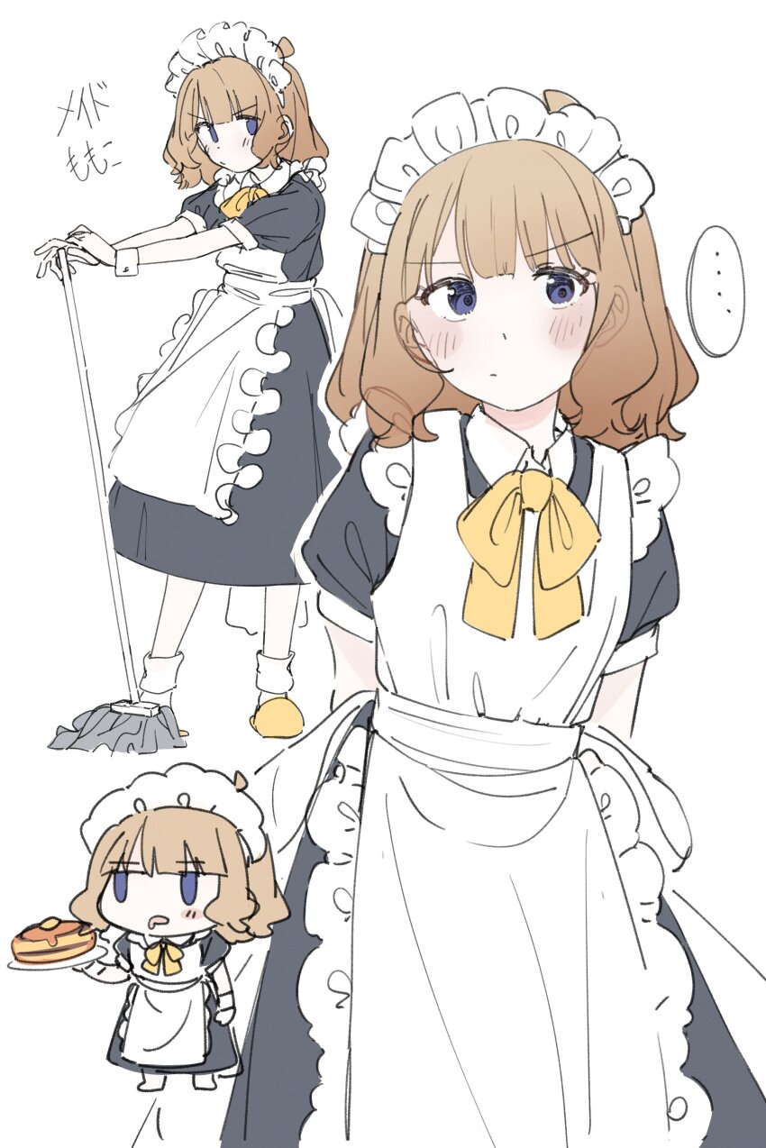 1girl :/ absurdres apron arms_behind_back blush brown_hair chibi closed_mouth highres idolmaster idolmaster_million_live! maid maid_apron maid_headdress meeeeeeco359 mop purple_eyes short_hair simple_background sketch solo suou_momoko translation_request white_background