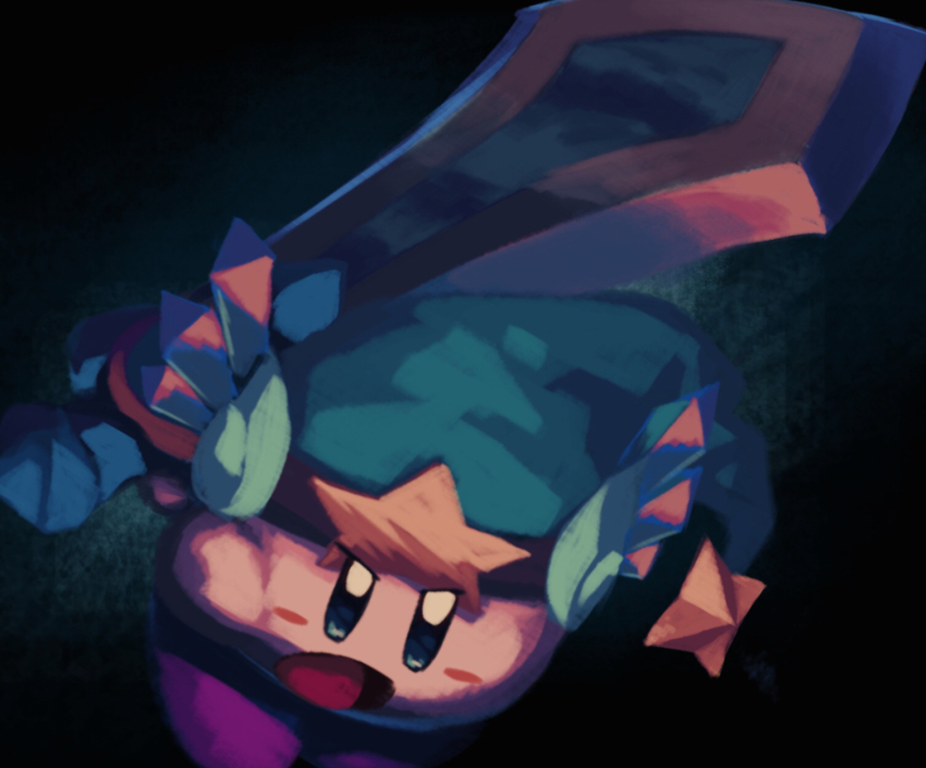 black_background blue_eyes blush_stickers commentary_request copy_ability determined flower green_hat hat hat_ornament highres holding holding_sword holding_weapon huge_weapon incoming_attack kirby kirby_(series) looking_at_viewer nintendo no_humans open_mouth over_shoulder purple_flower shoes solo star_(symbol) star_hat_ornament suyasuyabi sword sword_kirby ultra_sword_kirby v-shaped_eyebrows weapon weapon_over_shoulder wing_hat_ornament