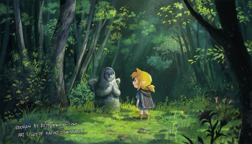 1boy bettykwong blonde_hair blue_shirt boots cape chibi english_text flower forest grass hood link nature nintendo pointy_ears shirt solo statue sunlight the_legend_of_zelda the_legend_of_zelda:_breath_of_the_wild tree