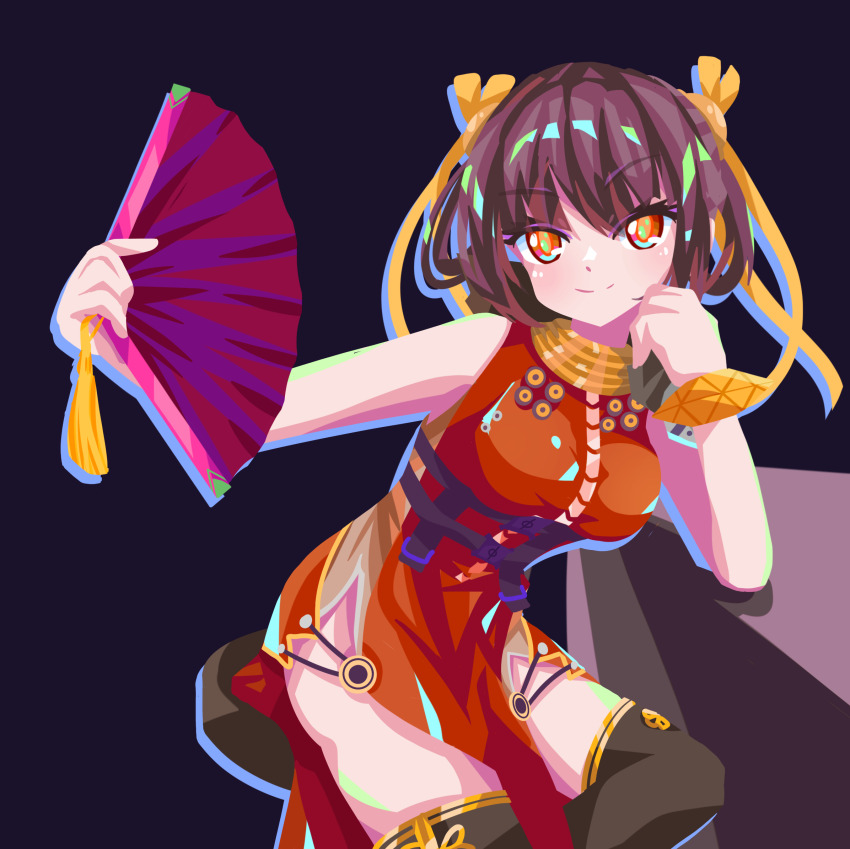 1girl armor black_background black_hair breasts chest_harness china_dress chinese_clothes dress evanhehehe hair_ribbon hand_fan harness heaven_burns_red highres holding large_breasts li_yingxia orange_eyes pelvic_curtain ribbon shoulder_armor side_slit sitting sleeveless thighhighs yellow_ribbon