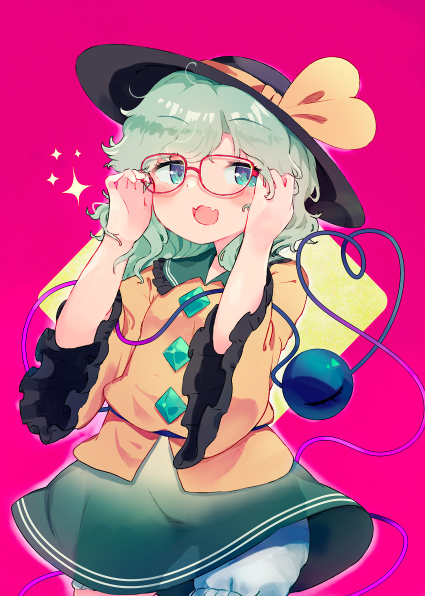 1girl black_hat bloomers blouse blush buttons collared_shirt cowboy_shot diamond_button eyeball eyes_visible_through_hair frilled_shirt_collar frilled_sleeves frills glasses green_eyes green_skirt hat hat_ribbon heart heart_of_string highres komeiji_koishi light_green_hair long_sleeves magenta_background medium_hair open_mouth pink_background ribbon shirt simple_background skirt smile solo standing third_eye toroid_(621997) touhou underwear wavy_hair white_bloomers wide_sleeves yellow_ribbon yellow_shirt