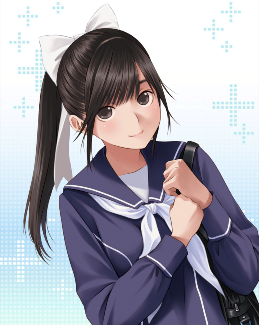 1girl aqua_background artist_request bag black_hair blue_sailor_collar blush bow gradient_background hair_ribbon hands_up highres holding holding_bag long_hair long_sleeves looking_at_viewer love_plus neckerchief official_art pink_lips plus_sign ponytail ribbon sailor_collar school_bag school_uniform serafuku shoulder_bag skirt smile solo takane_manaka upper_body white_background white_bow white_neckerchief winter_uniform