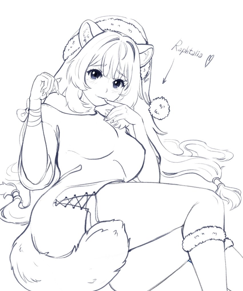 1girl absurdres animal_ear_fluff animal_ears blunt_bangs breasts character_name closed_mouth commentary dress english_commentary fur-trimmed_socks hair_intakes hands_up hat highres kneehighs kotfurkoshka large_breasts light_smile long_hair looking_at_viewer metal_hair_tubes off-shoulder_dress off_shoulder pom_pom_(clothes) raccoon_ears raccoon_girl raccoon_tail raphtalia santa_hat side_slit sketch socks solo straight_hair tail tate_no_yuusha_no_nariagari unfinished