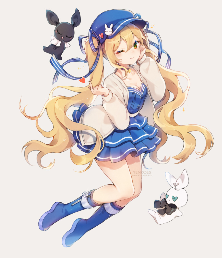 1girl ;) bao_bao_(dokibird) black_bow blonde_hair blue_boots blue_dress blue_hat blue_ribbon boots bow breasts brown_eyes brown_jacket newsboy_cap choker cleavage closed_mouth collarbone commission dokibird_(vtuber) dokibird_(vtuber)_(retro_doki) dress full_body glint grey_background hair_between_eyes hair_ribbon hat heart highres indie_virtual_youtuber jacket layered_dress long_hair medium_breasts mei_mei_(dokibird) one_eye_closed open_clothes open_jacket pleated_dress purple_choker ribbon signature simple_background smile solo star_(symbol) striped_ribbon stuffed_animal stuffed_rabbit stuffed_toy twintails very_long_hair virtual_youtuber yenkoes