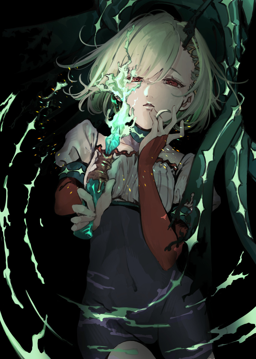 1girl absurdres alternate_costume asymmetrical_bangs bad_id bad_pixiv_id black_background bodysuit elbow_gloves fire gloves green_fire green_hair hair_ornament hairclip highres holding holding_weapon little_match_girl_(sinoalice) looking_at_viewer open_mouth puffy_sleeves red_eyes red_gloves s_t_e_r_n scarf short_hair simple_background sinoalice solo weapon