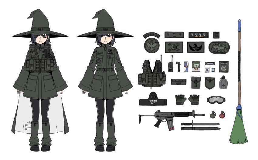 1girl absurdres ammunition_pouch badge broom can candy canteen combat_knife energy_drink equipment_layout explosive fingerless_gloves food gloves goggles grenade gun hat highres jacket karepack knife load_bearing_vest long_sleeves military_jacket military_operator pouch red_bull rifle shirt short_hair simple_background snack walkie-talkie weapon white_background witch_hat