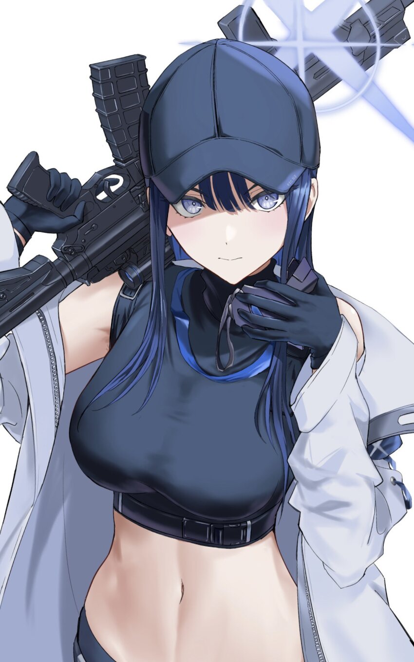 1girl assault_rifle bare_shoulders baseball_cap black_gloves black_hair black_hat black_shirt blue_archive blue_halo breasts coat commentary crop_top foregrip gloves gun halo hat highres holding holding_gun holding_weapon india_boots2 large_breasts linea_alba long_hair looking_at_viewer midriff navel off_shoulder purple_eyes rifle saori_(blue_archive) shirt sig_516 simple_background smile solo stomach weapon white_background white_coat