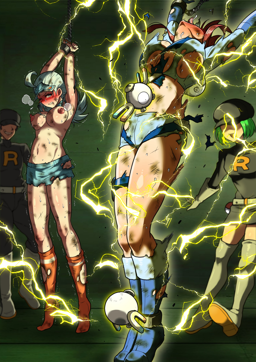 1boy 3girls ahoge aqua_hair bdsm belt blue_boots blue_jacket blue_shorts blush bondage boots bound bound_ankles bound_wrists breasts bruise cabbie_hat captured chain commentary_request cropped_jacket cuffs defeat electricity electrocution elite_four game_freak gen_1_pokemon green_hair gym_leader hat highres injury irishirasu jacket kahili_(pokemon) large_breasts magnemite medium_breasts miniskirt multiple_girls navel nintendo nipples orange_socks pain poke_ball poke_ball_(basic) pokemon pokemon_(creature) pokemon_bw pokemon_frlg pokemon_sm red_hair ryona sadism shackles short_shorts shorts skirt skyla_(pokemon) socks team_rocket team_rocket_grunt team_rocket_uniform thigh_boots tiptoes tongue tongue_out topless_female torn_clothes torture trait_connection visor_cap