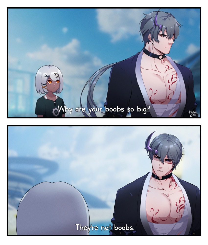1boy 1girl camu:_crocotta_(yaksha_undertow)_(pgr) camu_(pgr) english_text highres hydraix_choi image_sample meme official_alternate_costume outdoors pixiv_sample punishing:_gray_raven sophia_(pgr) speech_bubble the_pacifier_(movie)