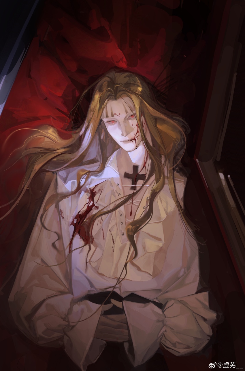 1boy 1girl absurdres allosaurus androgynous basil_hawkins bishounen blonde_hair blood blood_on_clothes blood_on_face coffin cross cross_necklace cross_patty formal_clothes highres holding jewelry latin_cross long_hair looking_at_viewer male_focus necklace one_piece pants red_eyes shabondi shirt sin_node solo tattoo upper_body white_shirt