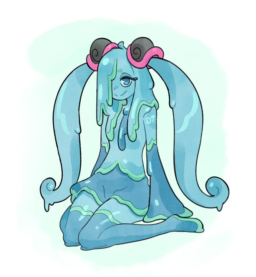 1girl absurdres blue_eyes blue_hair doodlelotl elbow_sleeve hair_ornament hair_over_one_eye hatsune_miku highres kneeling looking_at_viewer monster_girl shell_hair_ornament slime_(substance) slime_girl slime_hair snail_shell solo thighhighs twintails vocaloid