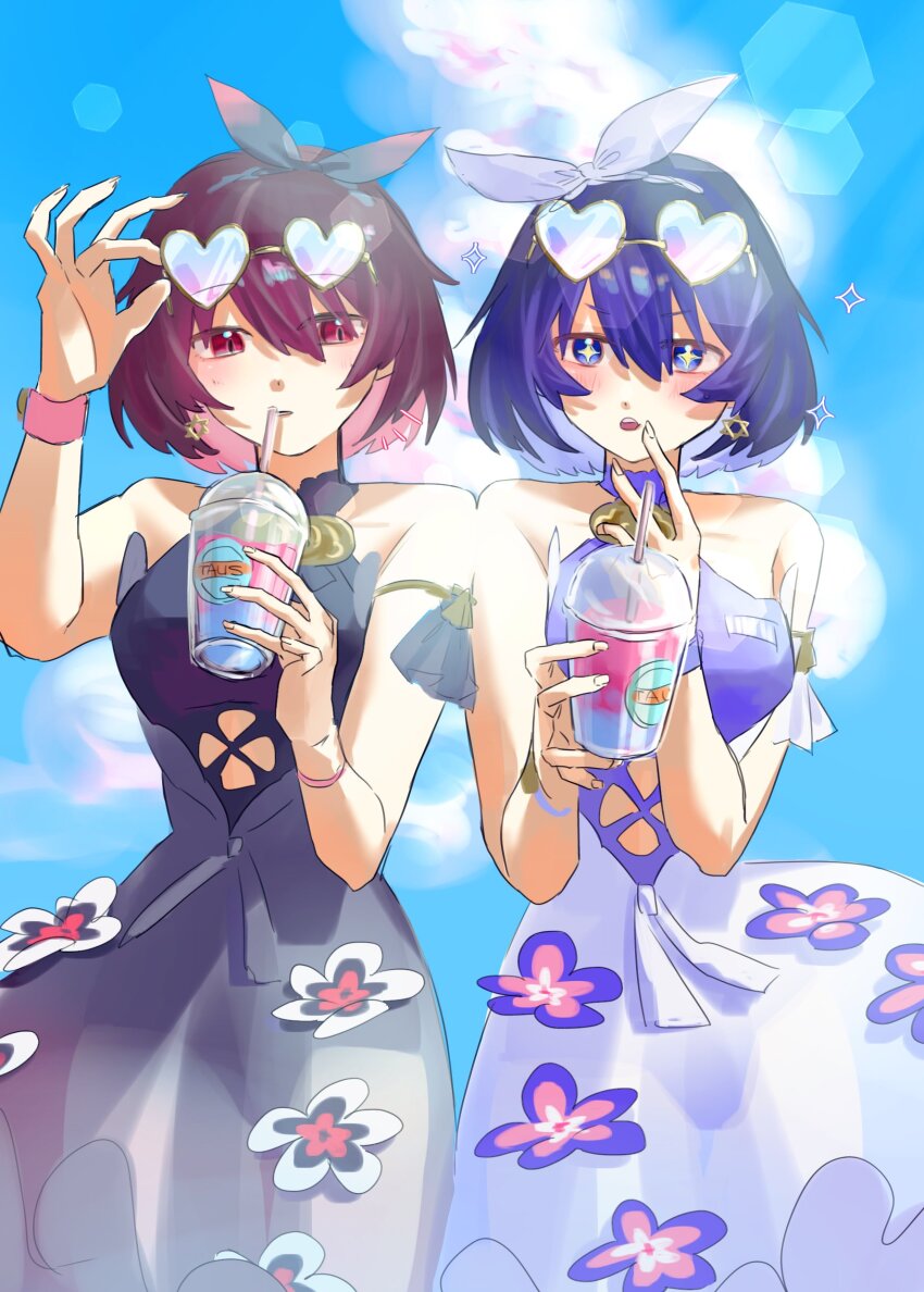 absurdres bare_shoulders black_dress blue_dress blue_eyes blue_hair commentary cup dress drink duoyun_de_tiankong earrings eyewear_on_head flower halter_dress halterneck headband heart heart-shaped_eyewear hexagram highres holding holding_cup honkai_(series) honkai_impact_3rd jewelry red_eyes red_hair seele_(alter_ego) seele_vollerei seele_vollerei_(stygian_nymph) short_hair single_earring star_(symbol) star_earrings star_of_david sunglasses