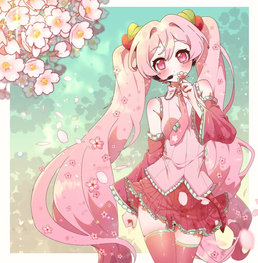 1girl blush border cherry_blossoms detached_sleeves eyelashes hareeangkki hatsune_miku headset highres long_hair necktie pink_eyes pink_hair pink_necktie sakura_miku solo thighhighs tie_clip twintails very_long_hair vocaloid white_border