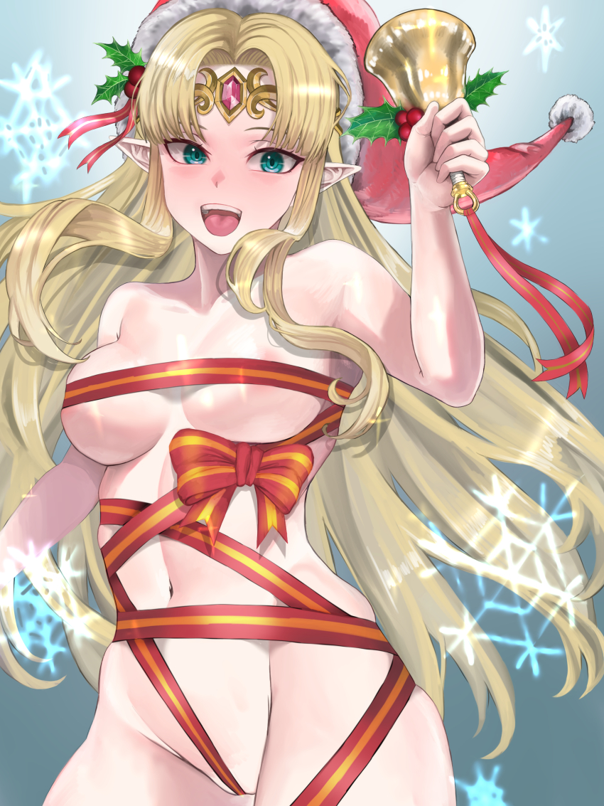 1girl absurdres aqua_eyes bell blonde_hair breasts circlet commentary_request gem grey_background hand_up handbell hat highres holding holding_bell holly long_hair looking_at_viewer medium_breasts naked_ribbon navel nintendo open_mouth pocari66 pointy_ears princess_zelda red_gemstone red_hat red_ribbon ribbon santa_hat smile snowflakes solo teeth the_legend_of_zelda the_legend_of_zelda:_a_link_between_worlds upper_body upper_teeth_only