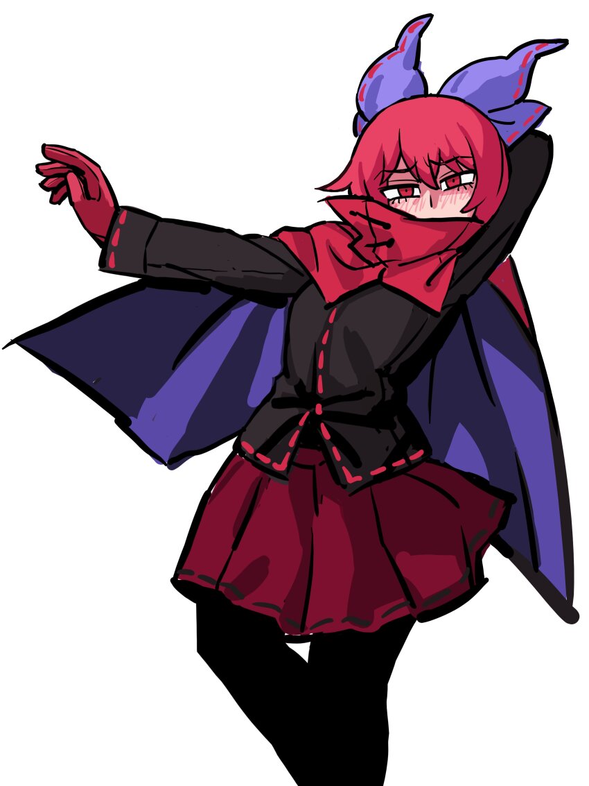 1girl absurdres arm_behind_head black_shirt bow cape commentary eddybird55555 gloves hair_bow highres long_sleeves red_cape red_eyes red_gloves red_hair red_skirt ribbon-trimmed_skirt ribbon_trim sekibanki shirt short_hair simple_background skirt solo touhou white_background