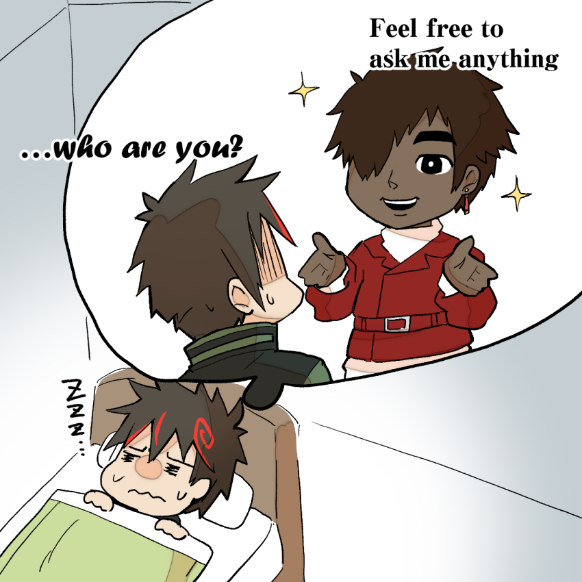 belt brown_hair digimon digimon_liberator dreaming earrings highres jewelry kazama_shoto looking_at_another nightmare owen_dreadnought red_eyes short_hair smile sparkle
