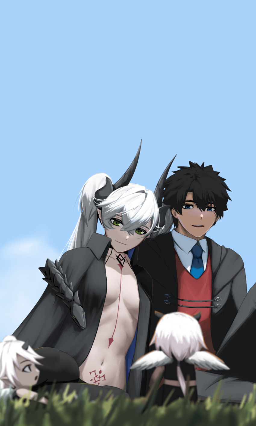 1boy 3girls absurdres black_cloak blue_sky body_markings breasts cloak crossed_bangs demon_girl demon_horns ear_piercing fate/grand_order fate_(series) fujimaru_ritsuka_(male) fujimaru_ritsuka_(male)_(mage&#039;s_association_uniform) green_eyes grey_hair highres horns lilith_(fate) lilith_(second_ascension)_(fate) long_hair long_sleeves multiple_girls navel open_mouth paperpillar piercing pointy_ears short_hair sky smile stomach_tattoo tattoo twintails