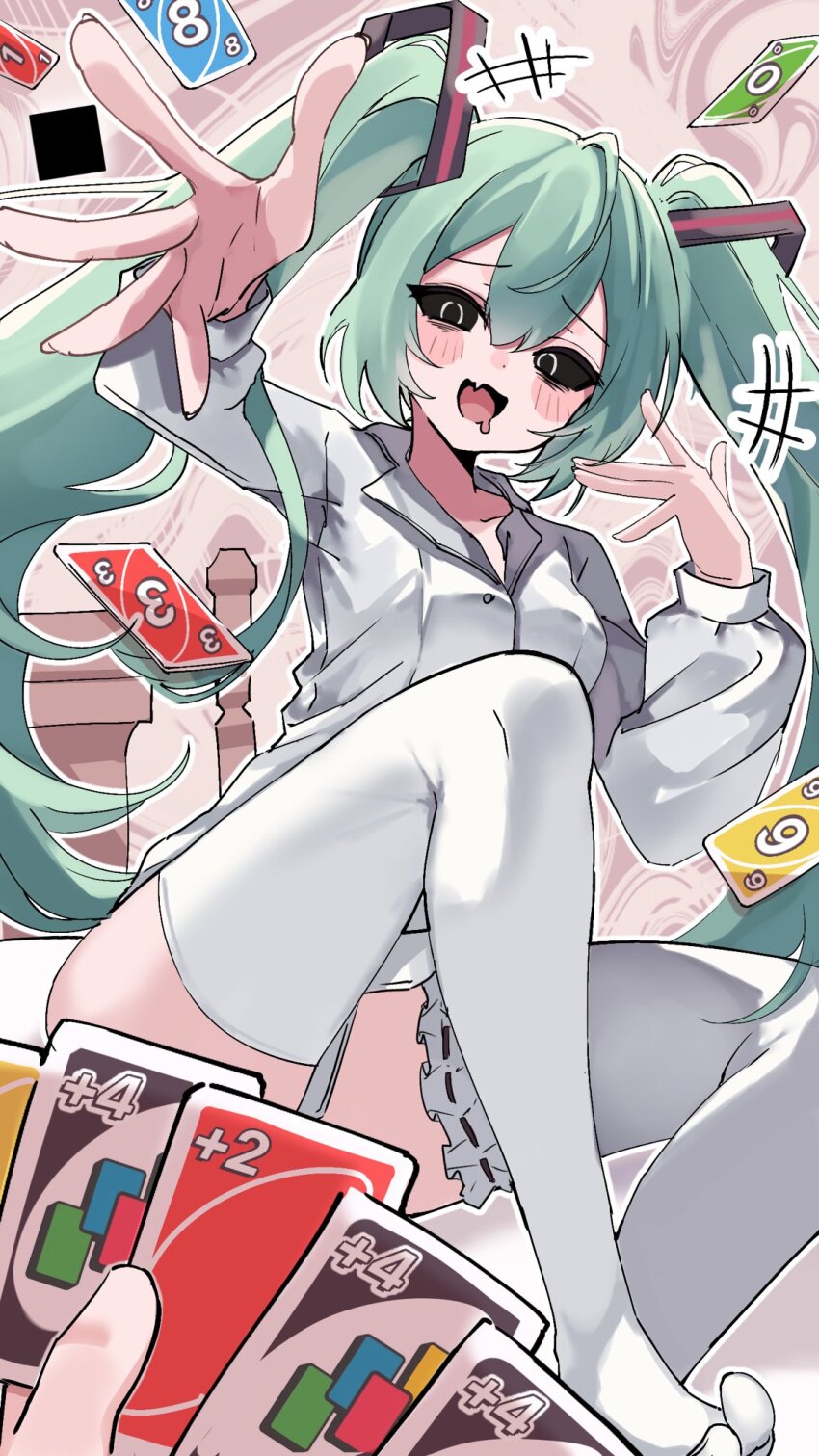 1girl aqua_hair black_eyes blush blush_stickers card collared_shirt drooling fang green_hair hair_between_eyes hair_ornament hatsune_miku highres holding long_hair long_sleeves looking_at_viewer mimukauwa_nice_try_(vocaloid) mouth_drool open_mouth playing_card pov shirt sitting skin_fang smile solo_focus thighhighs twintails uno_(game) urara_31_e very_long_hair vocaloid white_shirt white_thighhighs