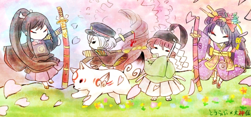 10s 4boys cherry_blossoms chibiterasu crossover gohei hotarumaru ishikirimaru japanese_clothes jirou_tachi male_focus military military_uniform multiple_boys ookami_(game) ookamiden ootachi parody rope shimenawa style_parody tarou_tachi touken_ranbu tree weapon