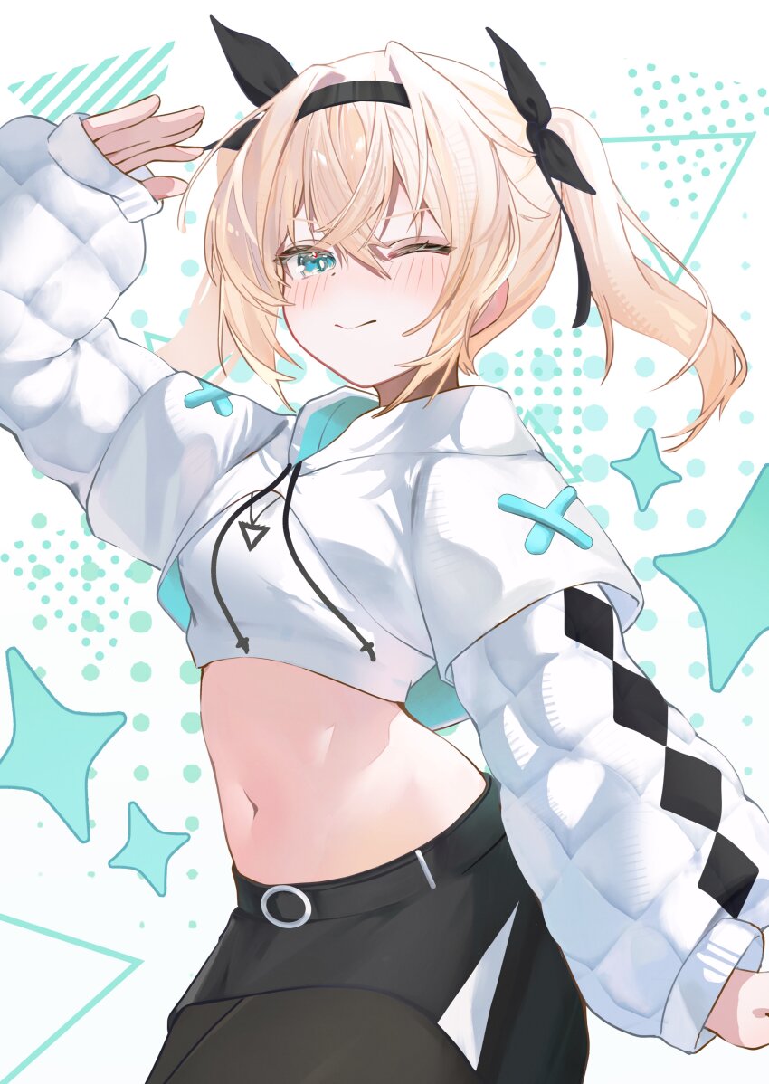 1girl absurdres aqua_eyes arm_up belt black_pantyhose black_skirt blonde_hair blush closed_mouth commentary_request crop_top cropped_hoodie hair_ribbon hand_up highres hololive hood hood_down hoodie jewelry kazama_iroha kazama_iroha_(pop_dance) long_hair long_sleeves looking_at_viewer midriff miniskirt navel necklace official_alternate_costume one_eye_closed pantyhose puffy_long_sleeves puffy_sleeves ribbon ru_airasuto shirt simple_background skirt sleeves_past_wrists smile solo star_(symbol) stomach twintails undershirt v-shaped_eyebrows virtual_youtuber white_hoodie white_shirt