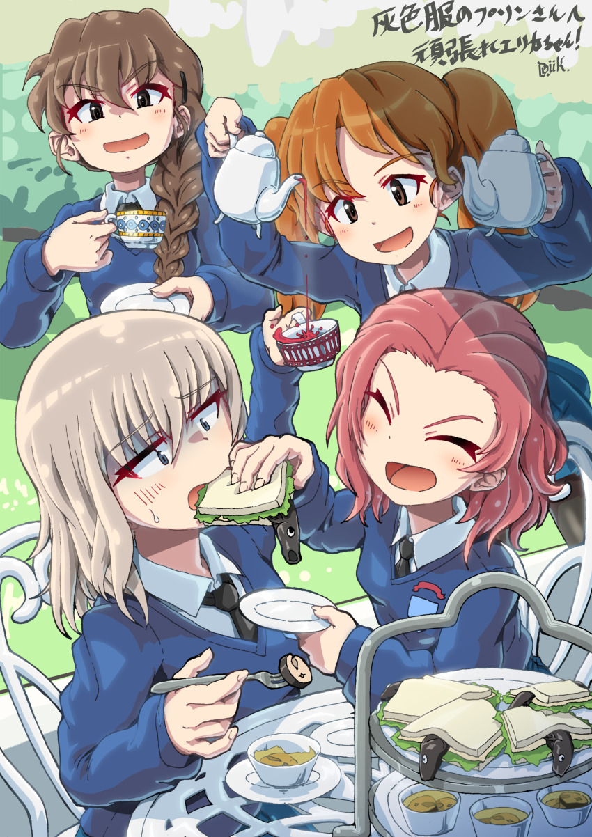 4girls absurdres alternate_costume black_necktie black_tea black_thighhighs blue_eyes blue_skirt blue_sweater braid brown_eyes brown_hair bush chair closed_eyes collared_shirt commission cup cup_holder feeding fork girls_und_panzer grass grey_hair highres holding holding_cup holding_teapot holding_tray itsumi_erika jellied_eel kuroneko_douji long_braid long_hair long_sleeves miniskirt multiple_girls necktie on_chair orange_hair pink_hair pixiv_commission plate pouring rosehip_(girls_und_panzer) rukuriri_(girls_und_panzer) sandwiched sauce school_uniform shirt short_hair signature single_braid skirt smile smug st._gloriana&#039;s_school_uniform sweat sweater table tea teacup teapot thighhighs tray twintails white_shirt