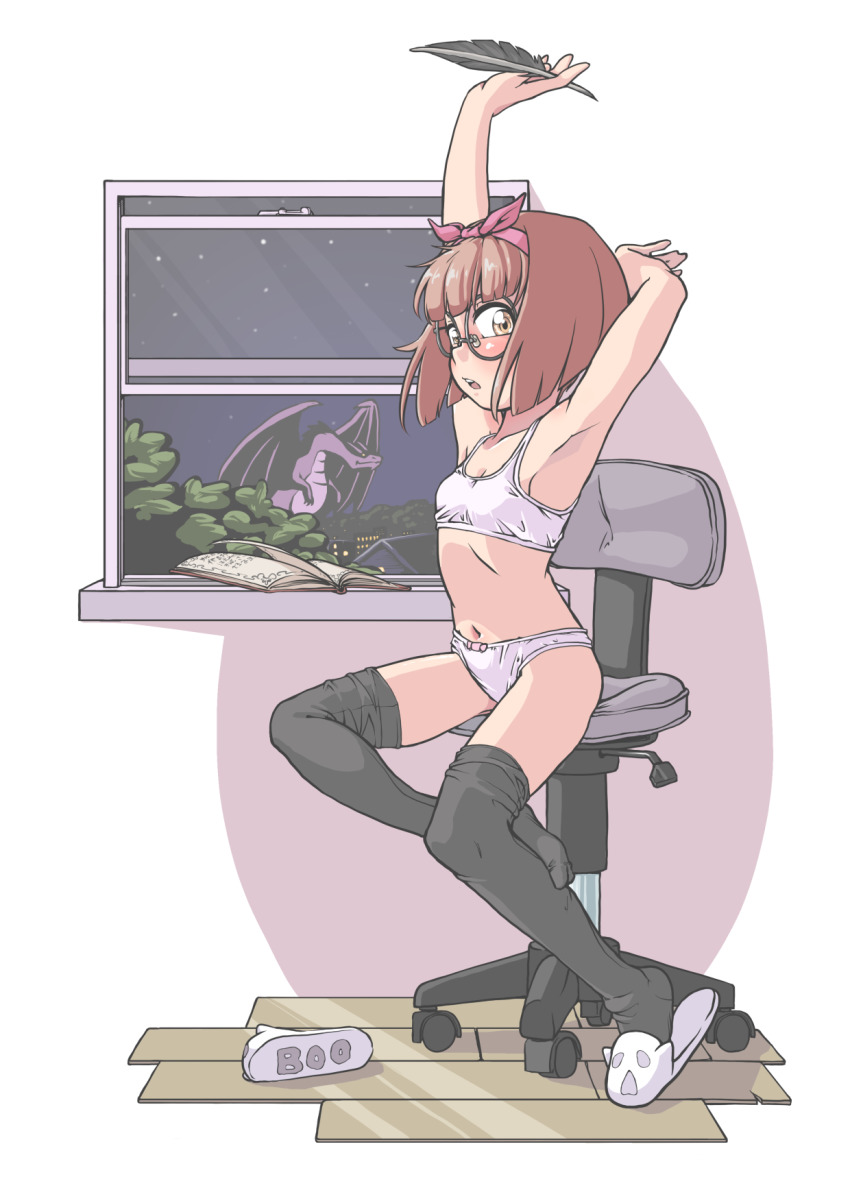 1girl arm_above_head arm_behind_head black_thighhighs blush bookmark bow bow_panties bra breasts brown_hair cardcaptor_sakura chair charizard dragon gen_1_pokemon glasses hair_bow highres horns jarv looking_at_viewer loose_thighhigh navel nintendo office_chair open_mouth panties pink_bow pokemon quill short_hair single_slipper slippers small_breasts solo stretching swivel_chair thighhighs thighs tree underwear white_panties window wooden_floor yanagisawa_naoko