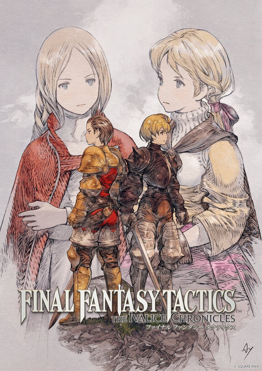 2boys 2girls absurdres ahoge alma_beoulve armor armored_boots ass back-to-back belt black_armor blonde_hair blue_eyes boots bow braid braided_ponytail brown_belt brown_cape brown_eyes brown_gloves brown_pants cape cape_clasp cloud commentary copyright_name copyright_notice couter cover cowboy_shot crossed_arms cuirass delita_heiral dress faulds final_fantasy final_fantasy_tactics fingernails from_behind full_body gauntlets gloves gold_armor greaves grey_background hair_bow hair_ribbon hatching_(texture) highres holding holding_sword holding_weapon initial knee_spikes knight linear_hatching logo long_dress long_hair looking_to_the_side low_ponytail mismatched_eyebrows multiple_boys multiple_girls official_art on_rock ovelia_atkascha own_hands_together pants pink_bow pink_lips pink_skirt poleyn ponytail ramza_beoulve red_cape red_shirt red_shorts ribbed_collar ribbon sabaton seams shirt shorts shoulder_spikes signature skirt spikes sword tress_ribbon turtleneck turtleneck_dress two-tone_shorts video_game_cover waistband weapon white_shirt white_shorts yellow_eyes yellow_sleeves yoshida_akihiko