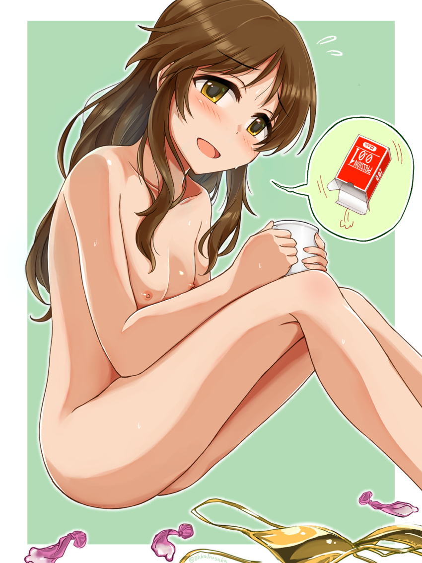 1girl ass bikini blush breasts brown_eyes brown_hair completely_nude condom cup gold_bikini highres holding holding_cup idolmaster idolmaster_cinderella_girls knees_up long_hair looking_at_viewer nipples nude ohka1nosaka open_mouth small_breasts smile solo sweatdrop swimsuit takamori_aiko unworn_bikini used_condom zenra