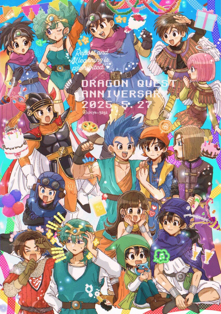 &gt;_&lt; 2025 4girls 6+boys :d ancestor_and_descendant angel angel_wings anniversary aqua_hair aqua_leotard aqua_tunic arm_behind_head armor asymmetrical_clothes aviator_cap bandana belt black_bodysuit black_hair blue_armor blue_eyes blue_hair blue_hat blue_tunic blunt_bangs bodysuit breast_envy brown_gloves brown_hair cape capelet chainmail chiya_(nhy-131812) circlet commentary_request copyright_name crossed_arms curly_hair dated dragon_quest dragon_quest_i dragon_quest_ii dragon_quest_iii dragon_quest_iv dragon_quest_ix dragon_quest_v dragon_quest_vi dragon_quest_vii dragon_quest_viii dragon_quest_x dragon_quest_xi earrings everyone fake_horns fins gloves goggles goggles_on_headwear gold_buckle gold_choker gold_thighlet green_hair green_tunic halo hat hat_flaps head_fins headpiece heart helmet hero_(dq1) hero_(dq10) hero_(dq11) hero_(dq3) hero_(dq4) hero_(dq5) hero_(dq6) hero_(dq7) hero_(dq8) hero_(dq9) heroine_(dq10) heroine_(dq3) heroine_(dq4) heroine_(dq9) highres holding_another&#039;s_wrist hoop_earrings horned_helmet horns in-franchise_crossover indian_style jewelry leotard long_hair medium_hair multiple_boys multiple_girls muscular muscular_male one-shoulder_tunic one_eye_closed open_mouth orange_bandana orange_bodysuit parted_hair pink_hair pixels prince_of_lorasia purple_cape purple_tunic purple_turban red_tunic rolling_sleeves_up roto_(dq3) short_hair silver_armlet silver_circlet silver_earrings single_bang single_earring sitting slime_(dragon_quest) smile spiked_hair stud_earrings sweatdrop tunic turban twitter_username white_gloves white_tunic wings