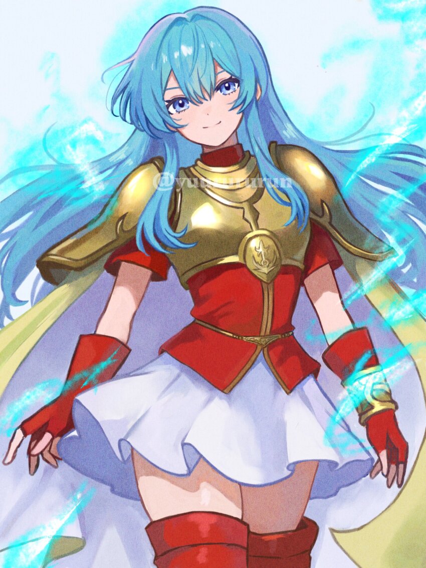 1girl aqua_hair armor artist_name aura blue_eyes boots breastplate cape eirika_(emblem)_(fire_emblem) eirika_(fire_emblem) fingerless_gloves fire_emblem fire_emblem:_the_sacred_stones fire_emblem_engage gloves highres long_hair looking_at_viewer nintendo red_gloves red_shirt shirt shoulder_pads skirt smile solo thigh_boots very_long_hair watermark white_skirt yellow_cape yuurururun