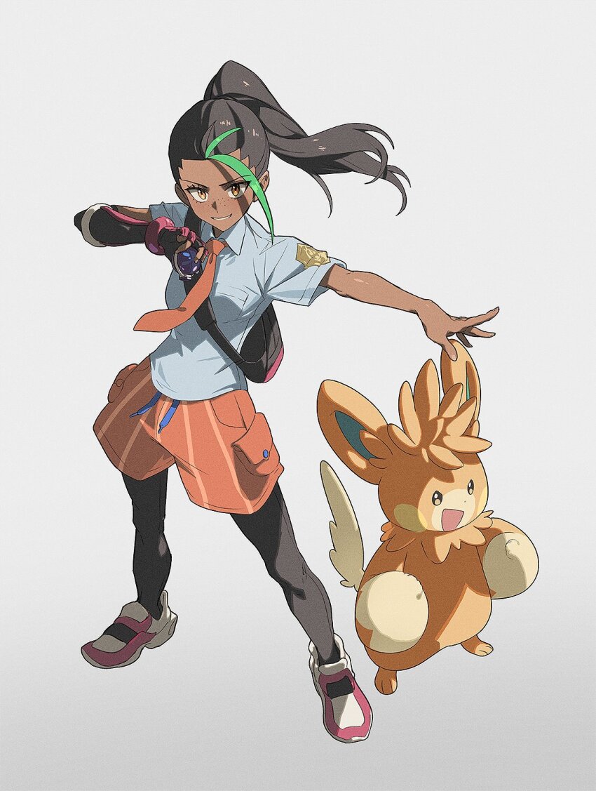 1girl black_hair blue_shirt body_fur brown_fur daniel_deng dark-skinned_female dark_skin full_body gauntlets green_hair grey_background high_ponytail highres long_hair multicolored_hair nemona_(pokemon) nintendo orange_shorts pawmot pokemon pokemon_(creature) pokemon_sv ponytail shirt shorts simple_background two-tone_hair