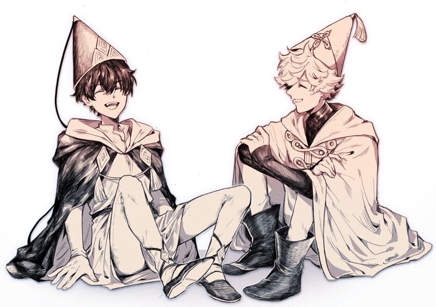 2boys aged_down black_hair cloak closed_eyes fingernails happy hat highres long_sleeves male_focus multiple_boys olruggio_(tongari_boushi_no_atelier) open_mouth qifrey_(tongari_boushi_no_atelier) short_hair simple_background smile tongari_boushi_no_atelier white_background white_hair youre_uru