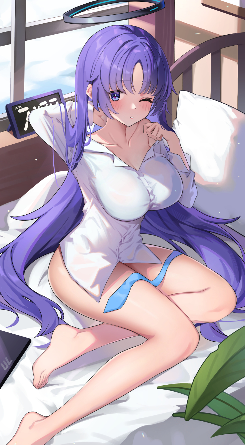 1girl absurdres barefoot bed bed_sheet blue_archive blush breasts clock collarbone digital_clock hair_spread_out halo highres homura_(homur4_homu) indoors large_breasts long_hair long_sleeves looking_at_viewer mechanical_halo one_eye_closed pajamas parted_lips pillow purple_eyes purple_hair seven-segment_display solo toes white_pajamas window yuuka_(blue_archive)