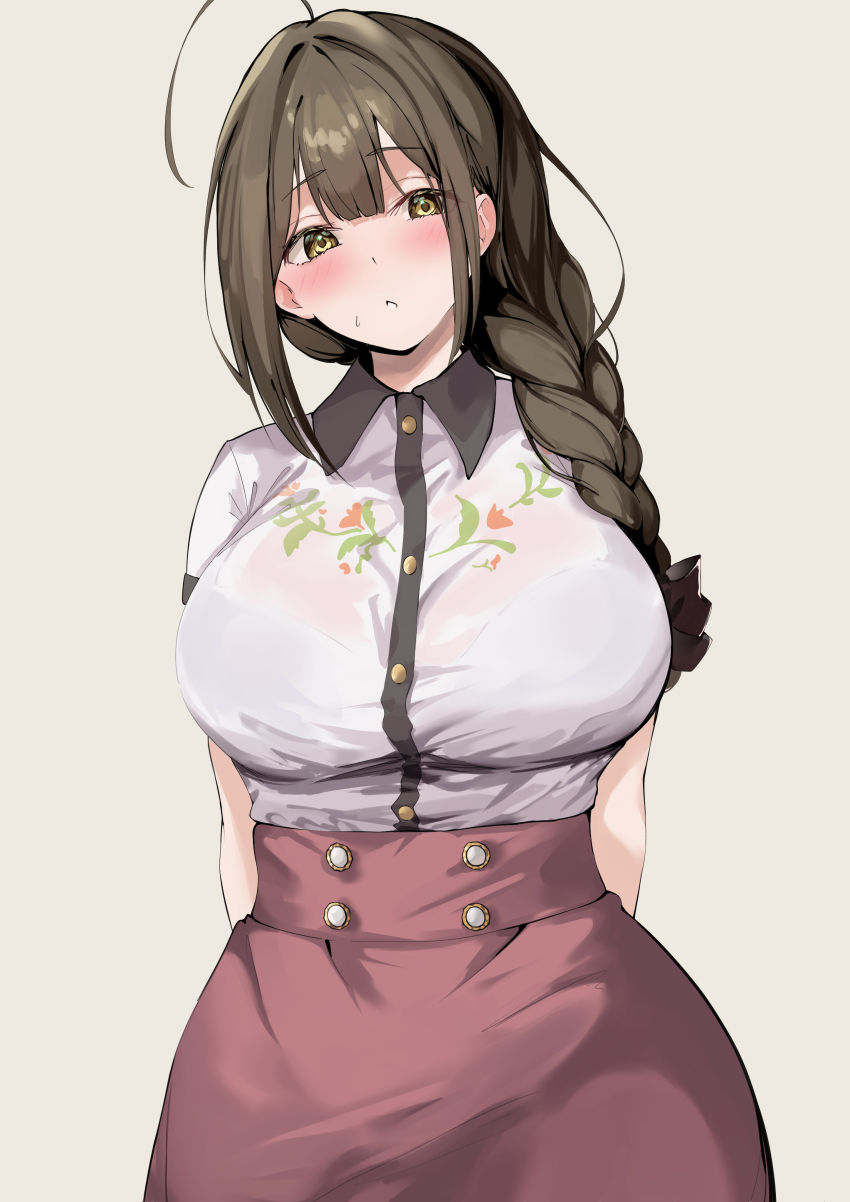 1girl absurdres ahoge blush braid breasts brown_eyes brown_hair buttons carskey1120 collared_shirt commentary contrast_collar cowboy_shot double-breasted double-parted_bangs hair_intakes hashtag-only_commentary highres idolmaster idolmaster_shiny_colors kuwayama_chiyuki large_breasts long_hair parted_lips red_skirt shirt short_sleeves sidelocks single_braid skirt solo sweatdrop white_shirt
