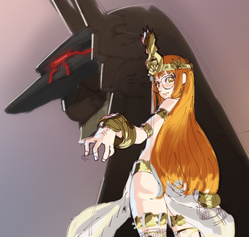 1girl ancient_egyptian ancient_egyptian_clothes anubis_(z.o.e.) armlet ass bare_shoulders blunt_bangs bracelet brown_background circlet from_behind gold_armlet gold_bracelet gold_thighlet highres hime_cut jewelry long_hair looking_at_viewer looking_back orange_hair pelvic_curtain persona persona_5 poechan_chan reaching reaching_towards_viewer round_eyewear sakura_futaba shadow_futaba sidelocks simple_background statue very_long_hair yellow_eyes zone_of_the_enders